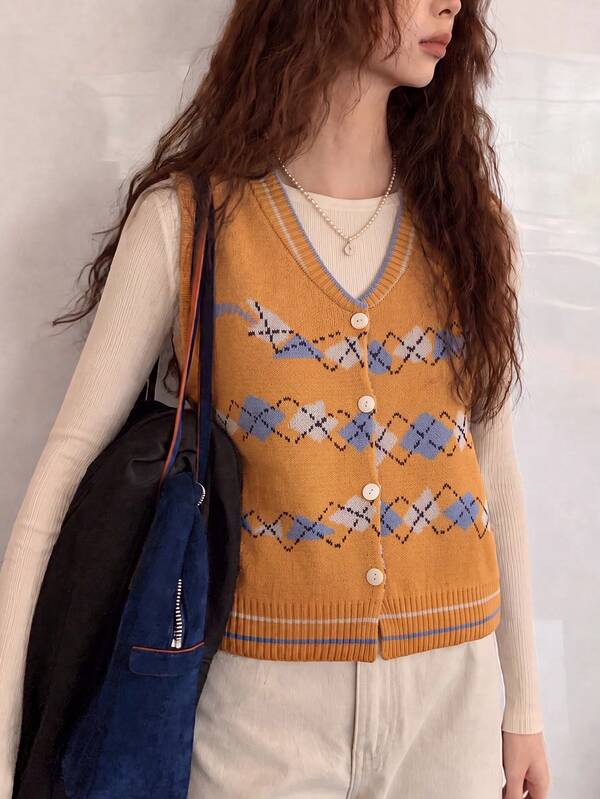 Cardigan Vest Wanita Minimalis Kasual Elegan Bermotif Vintage dengan Kerah V untuk Musim Gugur/Dingin