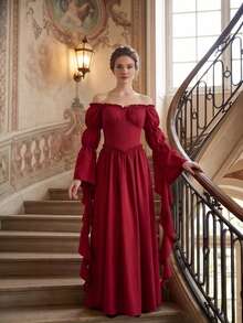 Vintage Medieval Court Style Women's European American Stage Performance Gentle Long Dress, Off-Shoulder Ruffle Bell Sleeve Dress - Red - View 6