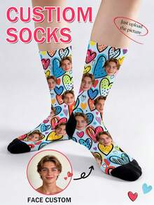 1 Pair Customized Socks, Colorful Graffiti Heart Pattern Mid-Calf Socks, Personalized Fun Photo Socks, Unisex Casual Valentine's Day Gift Socks - Multicolor - View 5