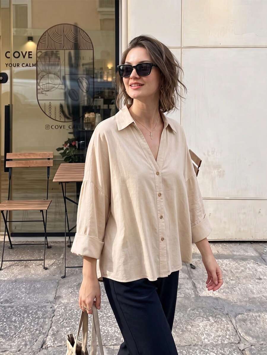 Women's Lapel Long Sleeve Fashionable Yellow Elegant Shirt Single Breasted Loose Casual Blouse - Beige - View 1