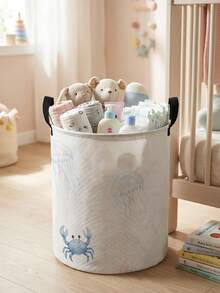 1pc Round Storage Basket, Extra Large Capacity, Foldable, Durable, Ocean Pattern Printed, Large Capacity Foldable Round Storage Basket With Handles, Multi-Purpose Storage Basket For Baby Room, Baby Sundries Organizer Storage Basket, Large Capacity Storage Box, Baby Room Storage, Baby Supplies Storage, Diaper Storage, Clothing Storage, Baby Supplies Sundries Storage, Multi-Purpose Storage Box, Foldable Baby Supplies Storage Box - Multicolor - View 16