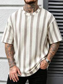 Men's Plus Size Textured Vertical Stripe Knit T-Shirt, Loose Casual Crew Neck Short Sleeve Streetwear Daily Vacation Style - Khaki - View 3