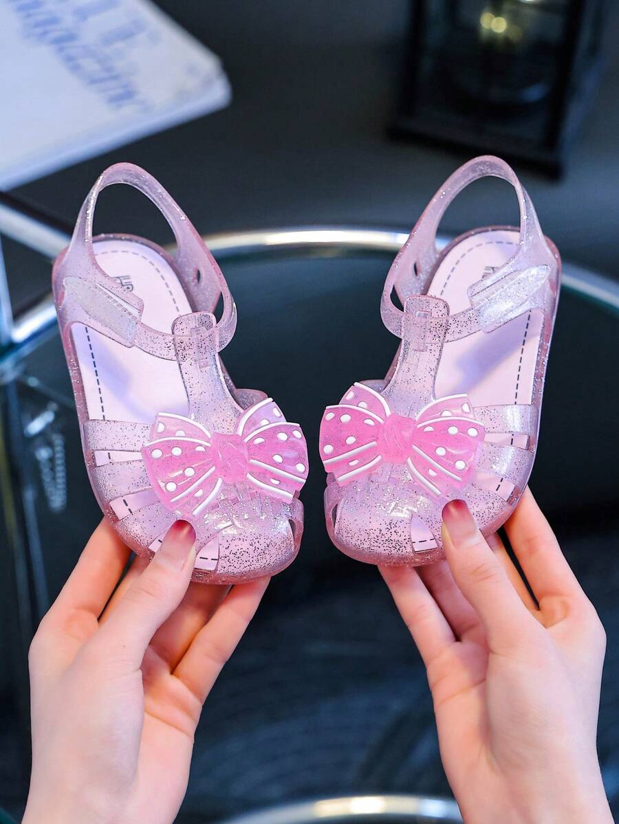 HAHABOBO New Girls Pink Sparkle Jelly Sandals, Polka Dot Bow Closed Toe Design, Lightweight Summer Beach Shoes - Pink - View 1