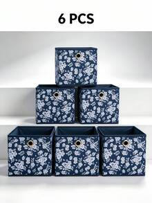12件/6件/3件/1件 可折疊布製收納箱，海軍藍與白色花卉圖案，配金色金屬孔眼提把，裝飾性布製收納籃，適用於衣櫥、層架、臥室、嬰兒房、玩具與衣物 - 彩色 - 查看 2