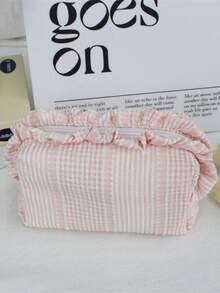 Cute Ruffle Lace Makeup Bag, Women & Girls, Vintage Striped Polka Dot Cosmetic Organizer, Travel Toiletry Bag, Suitable For Daily Use, Vacation And Dorm Storage - Multicolor - View 12