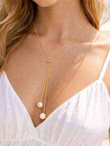 RAYQUEEN 1pc Stainless Steel Minimalist Long Snake Chain Faux Pearl Pendant Necklace, Versatile Sweater Chain For Women, Suitable For Daily Wear - Long Necklace - View 9