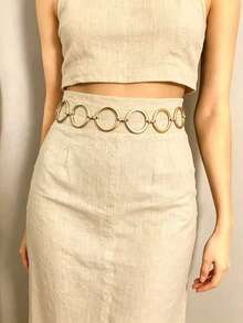 1pc Punk Style Gold Round Ring Chain Waist Belt, Adjustable Geometric Metal Waist Chain, Y2K Aesthetic Women Body Chain, Suitable For Nightclub And Streetwear - A Gold - View 5