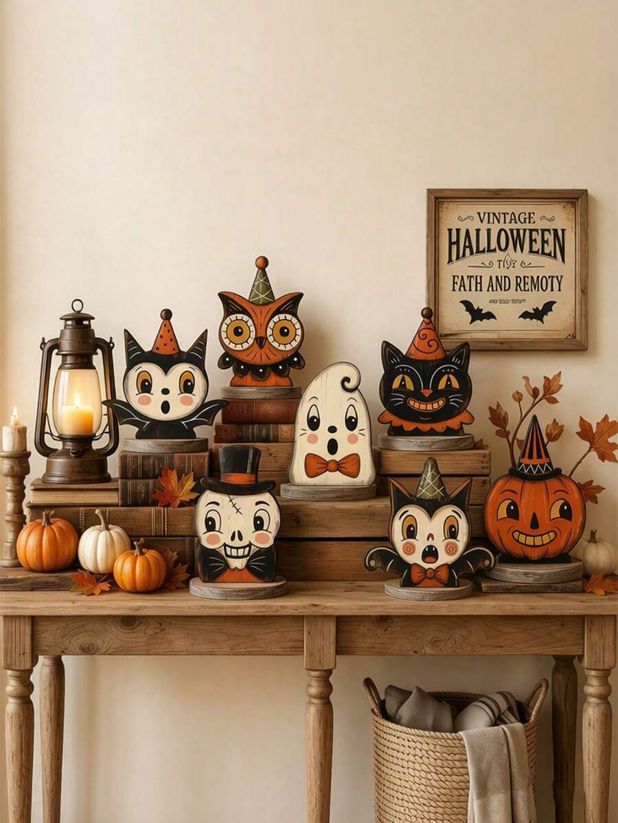6pcs/3pcs/1pc Vintage Halloween Decor, Indoor Desktop Tray Ornament, Cute Ghost Pumpkin Black Cat Skeleton Witch Owl Home Decor, Vintage Decoration, Cute Ghost, Pumpkin, Black Cat, Skeleton, Witch Owl, Housewarming Gift, Warming Gift, Party Gift, Halloween, Halloween Decoration, Autumn Decor, Halloween Ornament - Flat Style - View 1