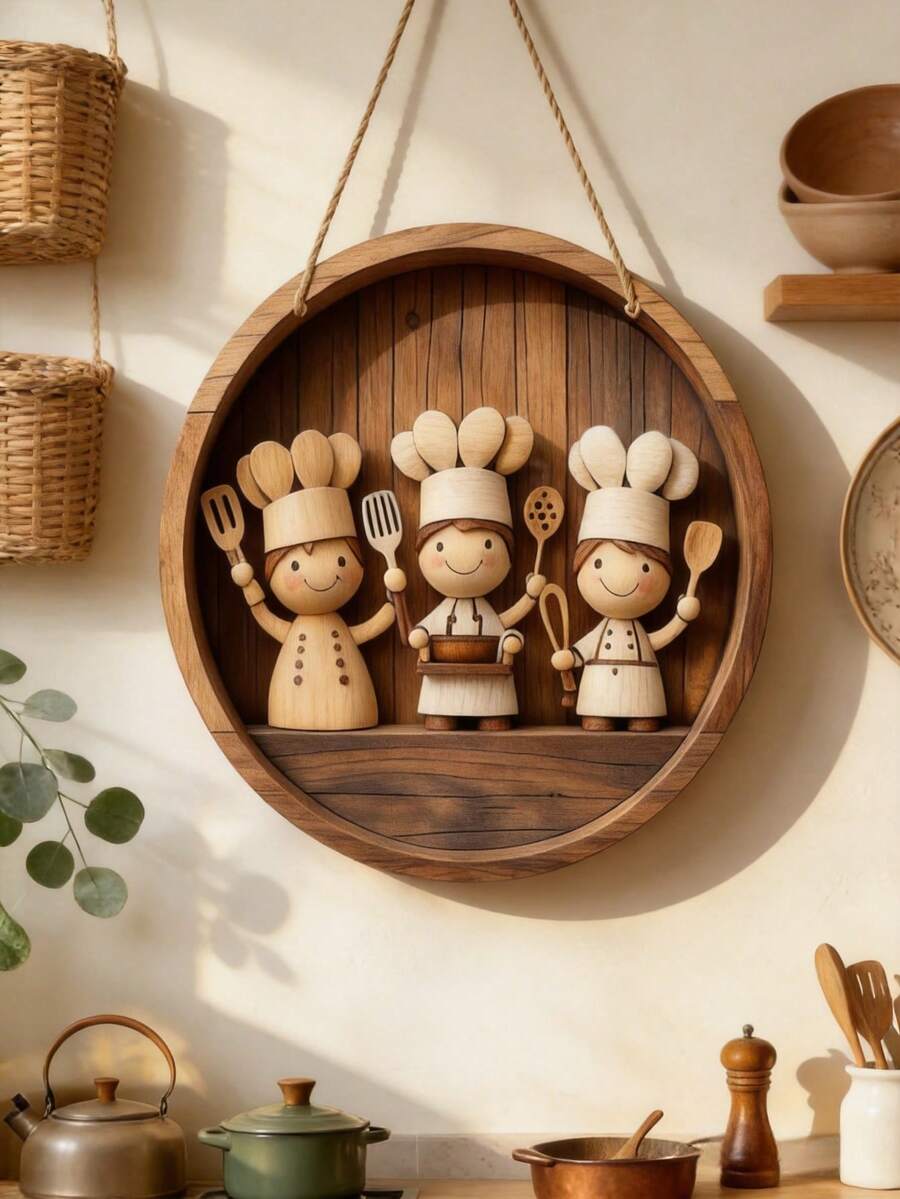 2D Flat Design Chef Logo Hanging Decor, Charming Round Wooden Wall And Porch Decorative Plaque, Art Deco Style, Multi-Purpose Indoor/Outdoor Hanging Ornament, Suitable For All Seasons, Rustic Porch Decoration, Gift For Friends - Khaki - View 1