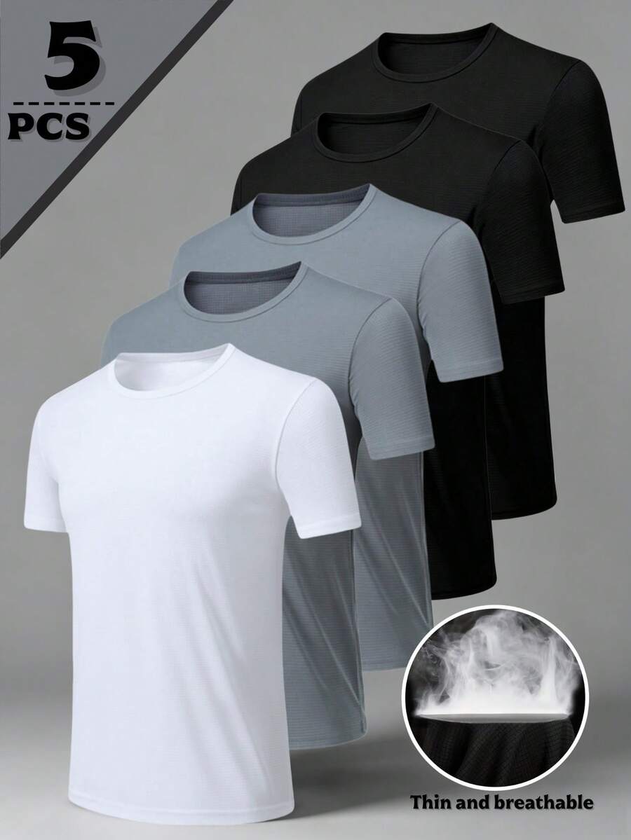 5pcs/Set Solid Color Ultra-Light Men's Round Neck T-Shirts - Quick Dry, Breathable, Moisture-Wicking Shirts Suitable For Fitness, Gym, Running, Lightweight & Comfortable, Sports & Workout Quick Dry Short Sleeve - Multicolor - View 1