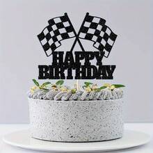 Universal 1pc Shiny Racing Cake Decoration Card With Checkered Flag, Racing Themed Birthday Party Decoration Supplies - Multicolor - View 3