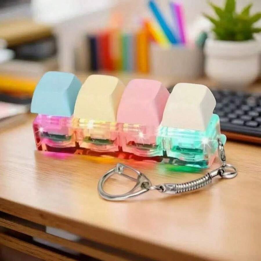 4-In-1 Mechanical Keyboard Keychain Relief Ornament, Adult Stress Relief Sound Clicker, Portable EDC Accessory, Anxiety Relief Desktop Decor For Office, Gaming & Leisure, Macaron Multi Color