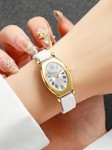 Women's Gift Watch With Embossed PU Leather Strap, Oval Roman Numeral Dial, Small Dial, Luxury Niche Wristwatch, Gift For Best Friend (1pc/Set) Watch Box Not Included - White - View 4