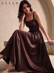 Aliao Fall Winter Romantic Satin Wide Strap A Line Long Maxi Dress Wedding Bridesmaid - Brown - View 3