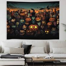 1 Pieza Tapiz Ilustrado con Tema de Halloween de "Huerto de Calabazas Peligroso", Adecuado para Decoraciones de Pared Interiores y Exteriores, Decoraciones Colgantes de Fondo, Telones de Fondo Festivos, Diseño Divertido, Fácil de Colgar y Decoración del Hogar. - Multicolor - Ver 1