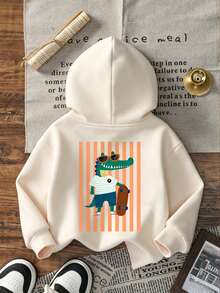 Little Boy Cool Crocodile Skateboard Vertical Stripe Print Hoodie, Soft Long Sleeve Sweatshirt, Suitable For Autumn And Winter Daily Wear. - Apricot - View 3