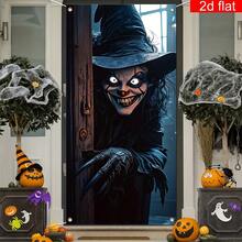 2d Plane Banners, Large Horror Witch Curtains Decorated On Halloween Front Door, Bright And Durable Polyester Fabric, Suitable For Halloween Night Family Party Thriller Theme Room Decoration Halloween Background. - 1 - View 8