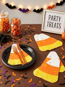 1 Set Halloween Corn Shaped Paper Napkins, Star Print Triangle Decorative Dinner Napkins, Suitable For Halloween Costume Party Table Setting, Waterproof Soft Paper Cocktail Napkins, Spooky Holiday Table Decor Supplies - A - View 2