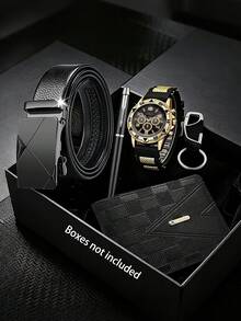 5-Piece Set Fashion Men's Sports Watch Calendar Accessory Set: Pen + Belt + Keychain + Embossed Wallet, Father's Day Gift, Back To School, Daily Life - Multicolor - View 13