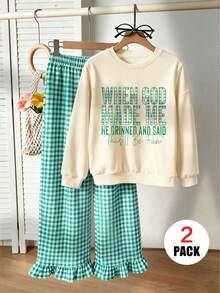 2pcs/Set Girls Green Plaid Slogan Print Crew Neck Sweatshirt And Casual Plaid Pants, Fashionable And Cute, Suitable For Autumn/Winter - Multicolor - View 1