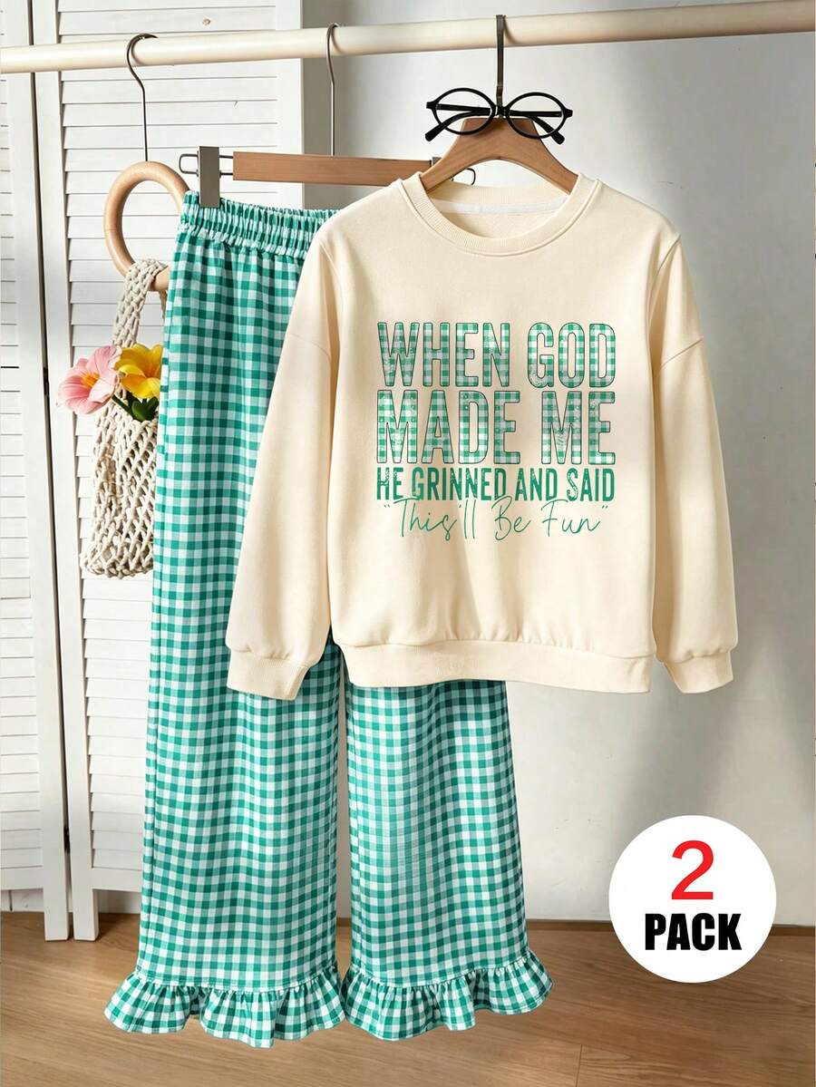 2pcs/Set Girls Green Plaid Slogan Print Crew Neck Sweatshirt And Casual Plaid Pants, Fashionable And Cute, Suitable For Autumn/Winter - Multicolor - View 1