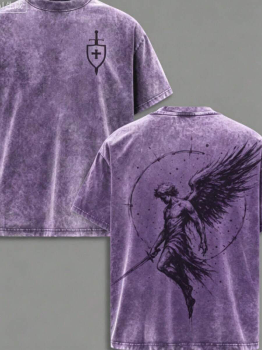 Men's Washed Angel Michael Graphic T-Shirt Flame Sword Shield Justice Symbol Christian Jesus Faith Tee Casual Streetwear Round Neck Summer Vacation Ou - 紫色 - 查看 1