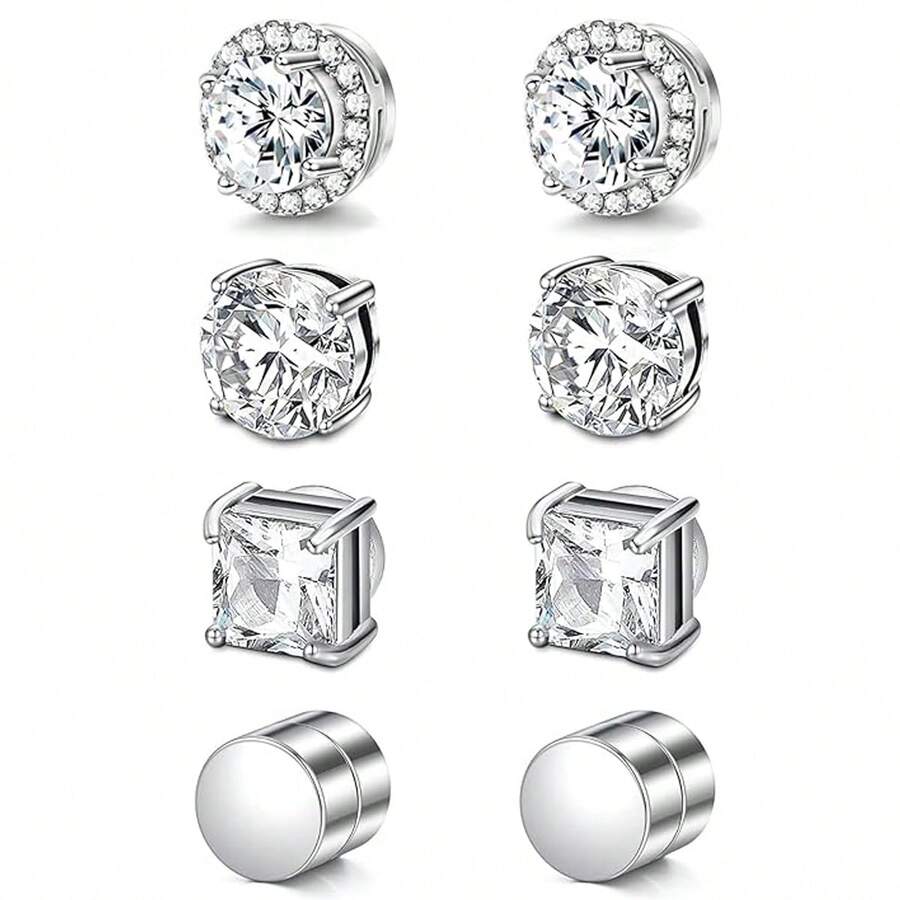 4 Pairs Stainless Steel Magnetic Stud Earrings Set, Unisex, No Piercing Required, Low Allergy, Round And Square Magnetic Ear Studs - Silver - View 1