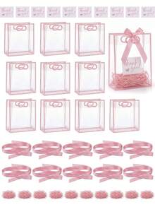 1/3/10pcs Set - Transparent Gift Bags With Pink Edges, Satin Bows And Raffia, Reusable Clear PP Tote Bags, Perfect For Weddings, Bridal Showers, Birthday Gift Wrapping, Baby Showers And Elegant Gift Packaging. - Pink - View 2
