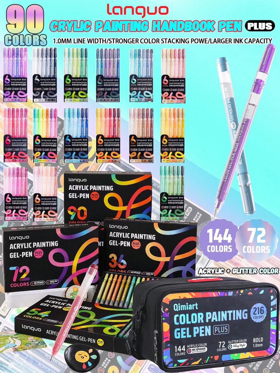 Languo 216 Farben (144 Acrylfarben + 72 Glitzerfarben) 72/54/36/24 Stücke Gelstift Set 1,0 mm feine Spitze Tagebuchstift PLUS bunte fluoreszierende Gelstifte Doodle handgezeichnete Zeitung Aquarellstifte große Kapazität starker 3D-Effekt - mehrfarbig - Übersicht 1