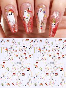 3D Metallic Cartoon Halloween Nail Stickers 2pcs Cute White Ghost Antler Colorful Lights Santa Hat Skull Design DIY Y2K Holographic Halloween Christmas Autumn Winter Salon Decal Slider Nail Decoration Nail Supplies - Multicolor - View 1