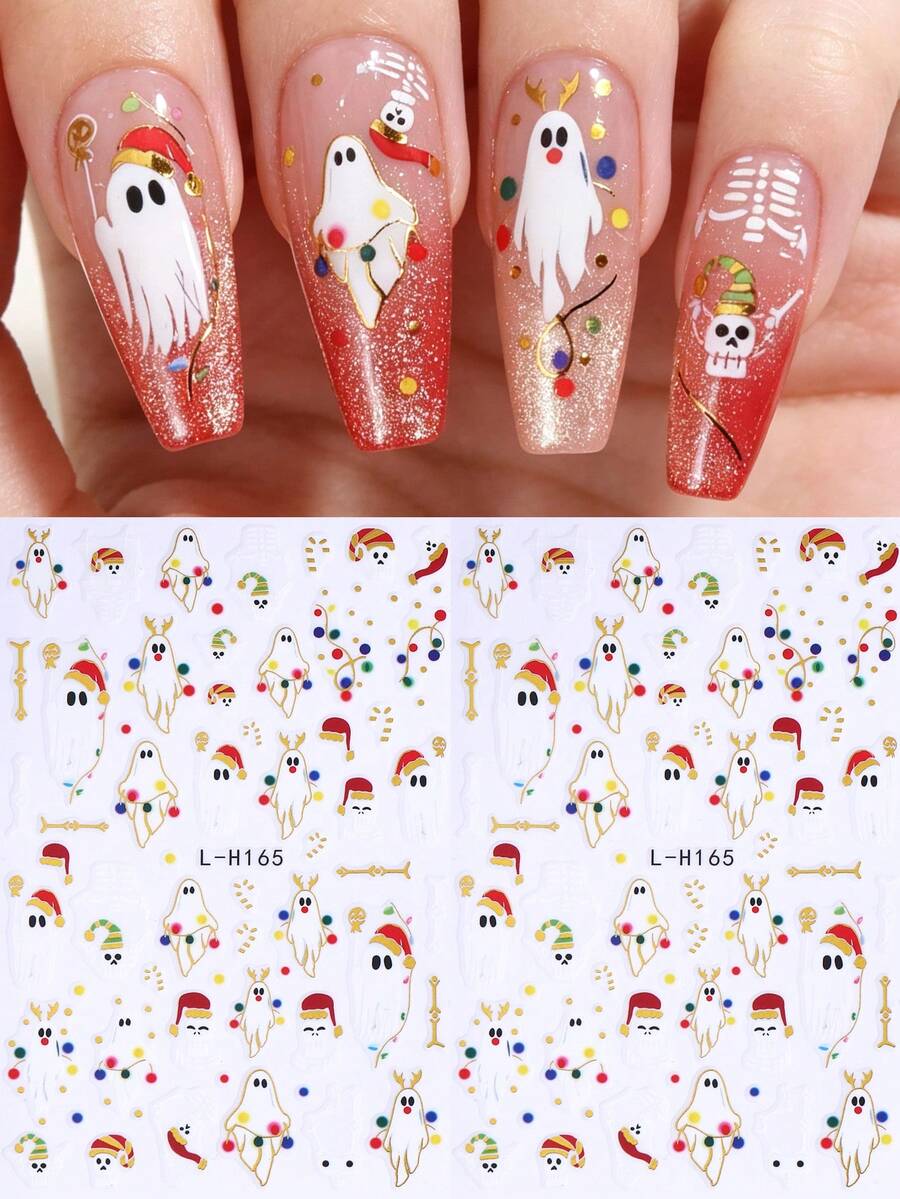 3D Metallic Cartoon Halloween Nail Stickers 2pcs Cute White Ghost Antler Colorful Lights Santa Hat Skull Design DIY Y2K Holographic Halloween Christmas Autumn Winter Salon Decal Slider Nail Decoration Nail Supplies - Multicolor - View 1
