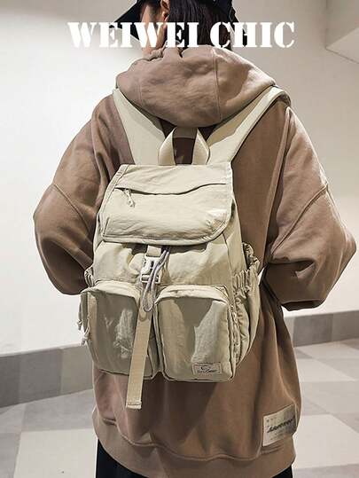 Beige Fold Flap Backpack, Lightweight Soft Nylon Multi Front Pockets Drawstring Buckle Closure Casual Daily Rucksack