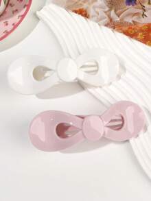 2pcs/Set Spring/Summer PC Material Sweet Pink & White Girl Glossy Bow Alligator Hair Clips, Simple Elegant Versatile Half-Up Bun Low Ponytail Flyaway Fixing Non-Slip Toothed Hair Clips - Multicolor - View 4