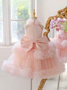 Young Girls Sleeveless 3D Plastic Flower Bow Mesh Birthday Party Cake Princess Dress Suitable For Wedding Flower Girl, Detachable Flower Waistband, Headband Not Included - Baby Pink - View 6