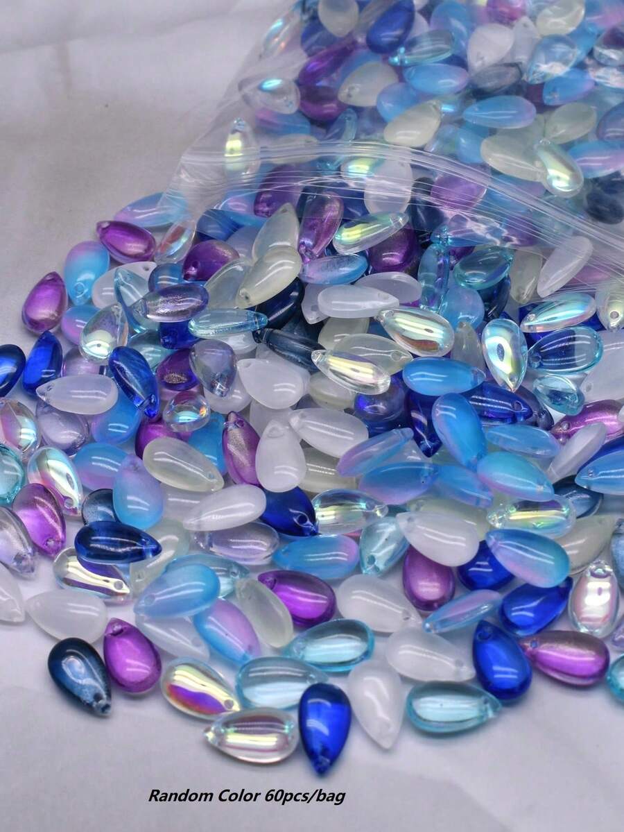 Random Color 60pcs 9x14mm Blue Series Glass Water Drops, For Jewelry Making