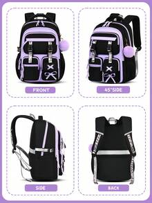 3 Pieces Set Bowknot (Detachable) Large Capacity Backpack, Tote Bag, Pencil Case, Polyester Adjustable Shoulder Strap Zipper Closure Back To School Gift - A - View 4