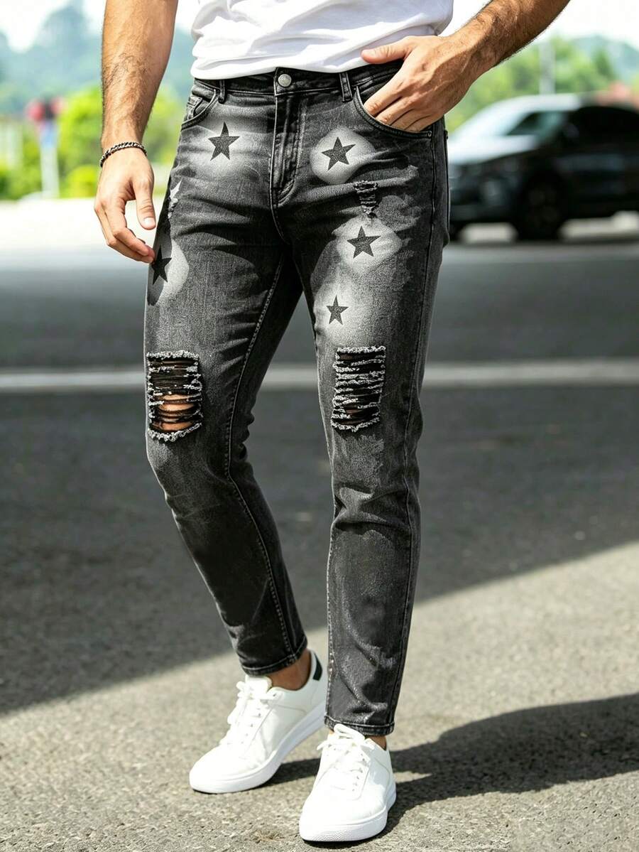 Men's Streetwear Washed Denim Jeans With Spray Paint Design, Stylish And Versatile - Dark Grey - View 1