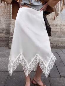 Women's White Satin Mid-Length Skirt, Lace Asymmetrical Hemline Inner Skirt, Paris Style Vintage Romantic Old Money Luxury High Waist Skirt For Autumn/Winter - White - View 3