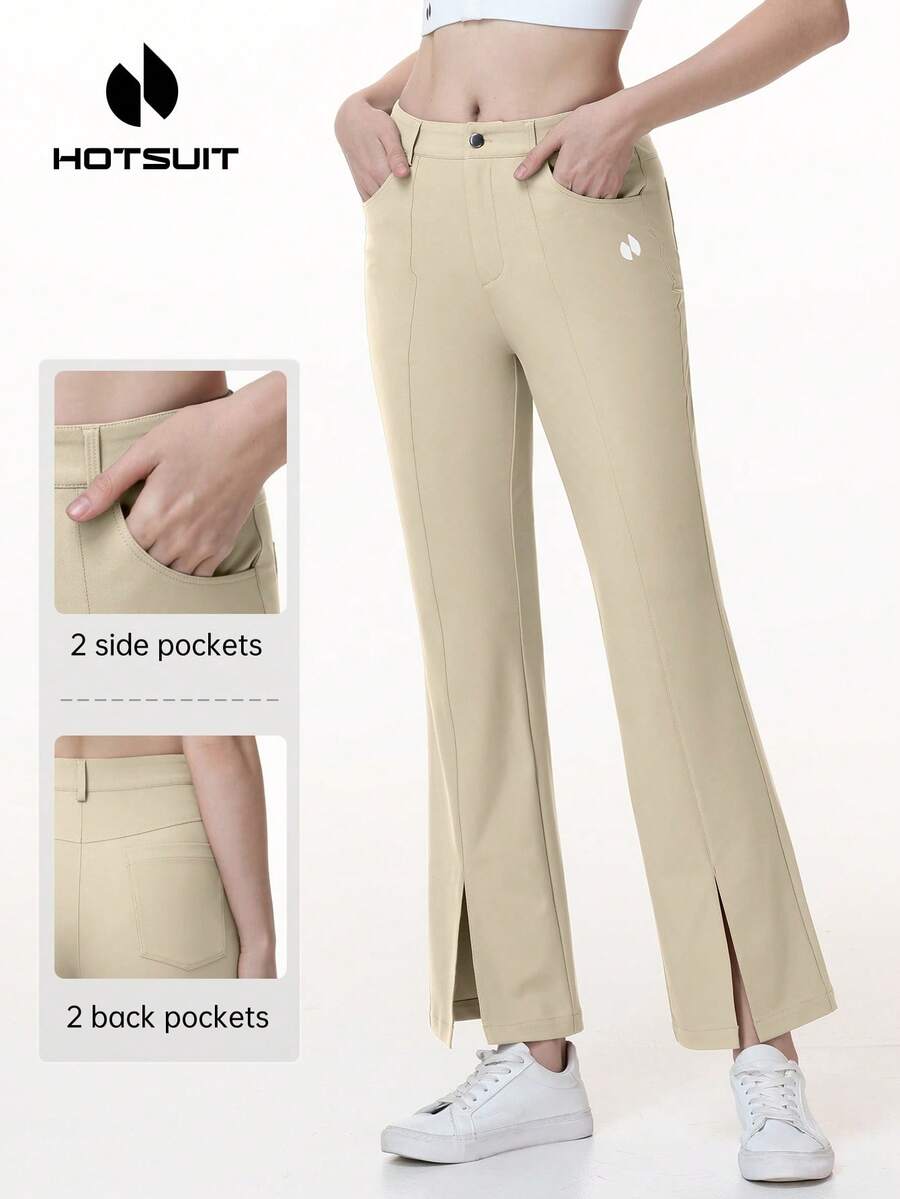 HOTSUIT Women's Knitted Flare Pants, Side Slit With Pockets, Solid Color, Front Slit Design, Suitable For Golf, Daily And Sports Wear - Khaki - View 1