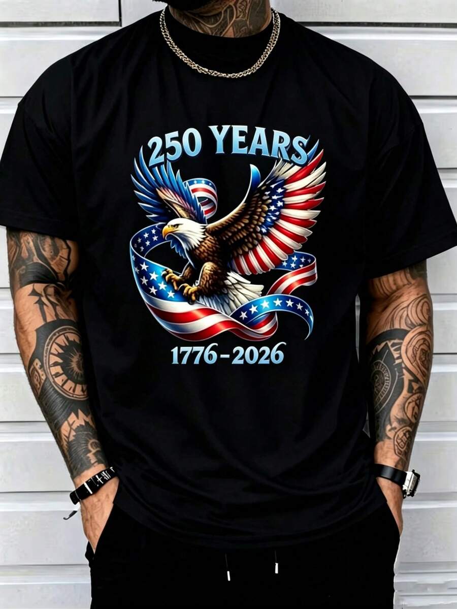 1pc Men'S Cotton Crew Neck-Shirt With Stars And Stripes We People Print, Casual All-Season Short Sleeve Tee With Slight Stretch, Regular Fit For Men - 黑色9 - 查看 1