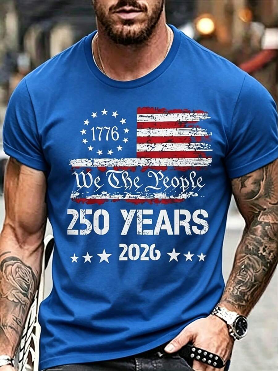 1pc Men'S Cotton Crew Neck-Shirt With Stars And Stripes We People Print, Casual All-Season Short Sleeve Tee With Slight Stretch, Regular Fit For Men - 藍色2 - 查看 1