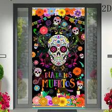 1 Peça Cortina de Porta Estilo Mexicano com Caveira de Açúcar e Padrões Florais para Decoração de Festa do Dia dos Mortos, Feita de Material de Poliéster, Adequada para Decorações de Festa de Halloween, Decorações de Varanda, Etc. - A - Visão 5