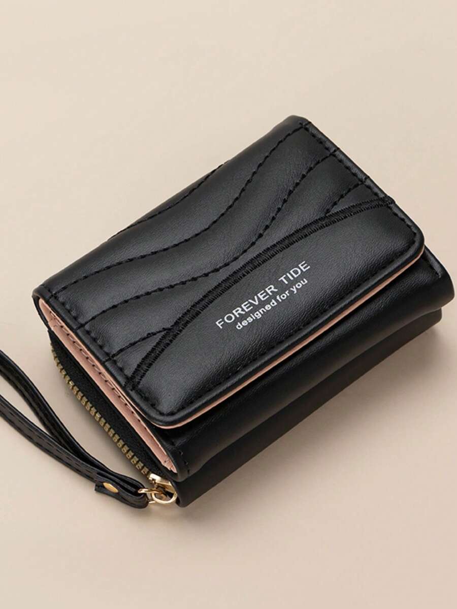 Dompet Lipat Tiga Pendek Wanita dengan Jahitan Berkerut, Dompet Koin Ritsleting Tali Pergelangan Tangan Portabel, Tempat Kartu Multi Slot, Tas Kecil Genggam - MultiWarna - View 1