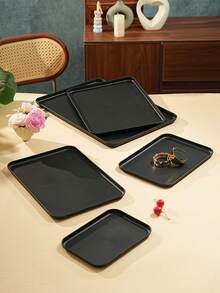 Black Shallow Tray, Used For Holding Food, Snacks, Drinks, Breakfast, Coffee, Rectangular Serving Tray, Durable Plastic PP Material - Black - View 2