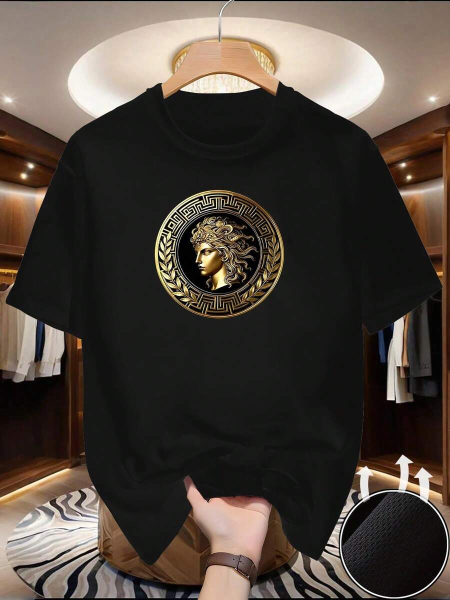 Men's Side Face Beauty Print T-Shirt Summer Outdoor Casual Sports Quick Drying Short Sleeve Top Europe Size Men Clothing For Son - Black - View 1