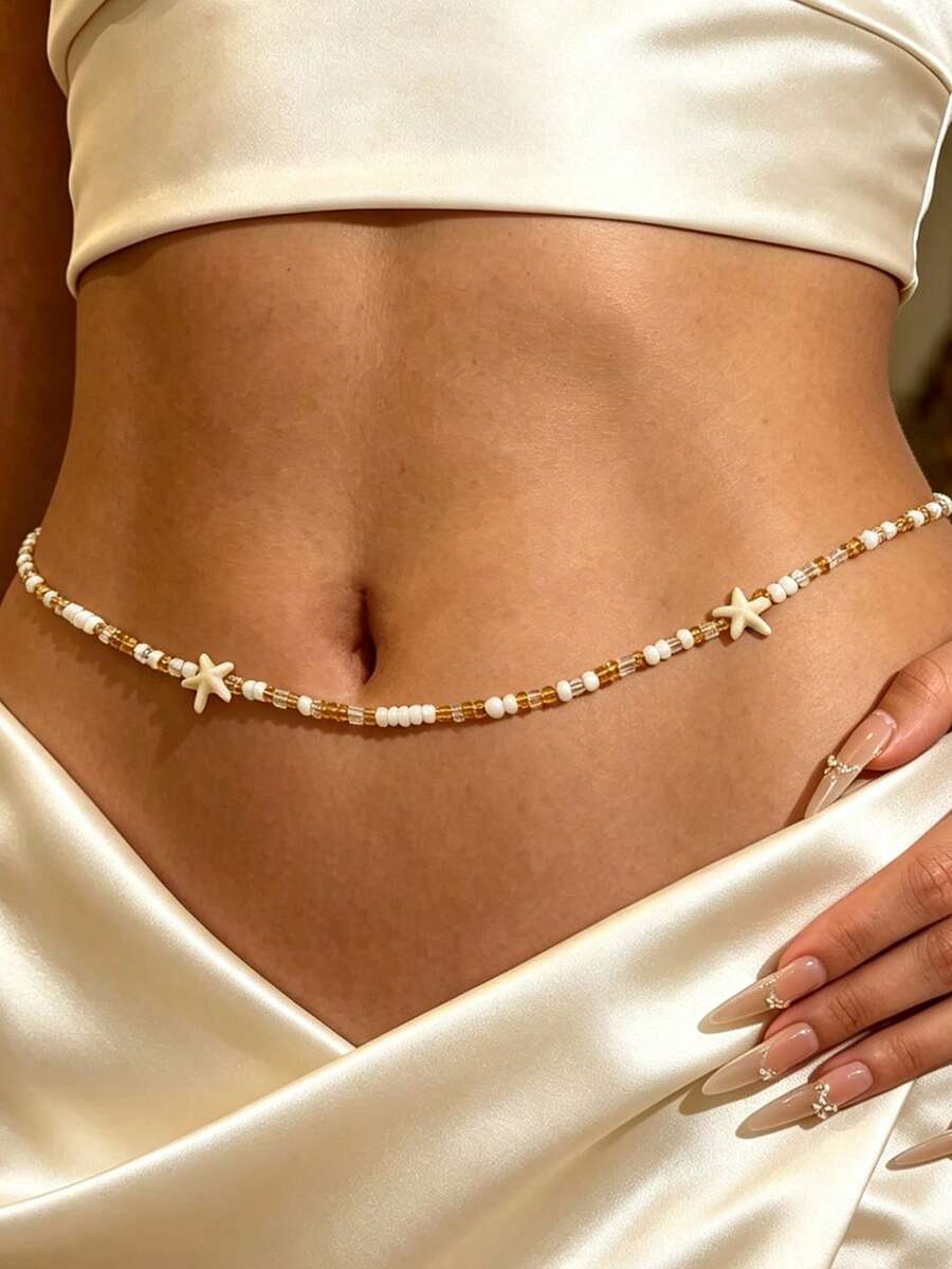 1pc Shell Jewelry Vacation Style Seed Bead Anklet Set, Women's Beaded Shell Beach Body Chain - Multicolor - View 1