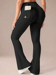 6pecil High Waist Flare Yoga Pants With Pockets, Ruched Butt Flare Bottom Pants, Tummy Control Wrinkle-Free Design Black Flare Pants Sports, Athleisure Chic - Black - View 3