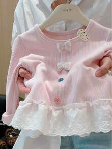 2pcs Girls Autumn T-Shirt Lace Trim Hem Soft Top Children Base Layer Colorful Buttons Faux Placket Stylish Long Sleeve - Multicolor - View 4
