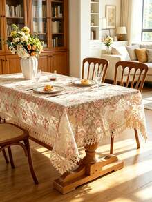 100% Polyester Vintage Floral Embroidery Sheer Lace Tablecloth, Elegant Hollow Lace Trim Table Cover For Coffee Table Wedding Home Decoration - Multicolor - View 2