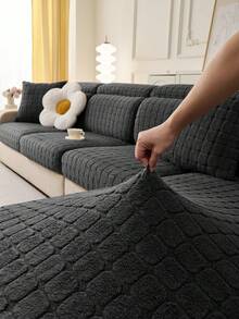 1pc Dark Grey 3D Cube Pattern Sofa Cover, Autumn/Winter Warmth Style, Soft Fluffy Skin-Friendly Texture, Pet-Friendly, Machine Washable, Fits 1/2/3/4 Seater & L-Shaped Sofas, Suitable For Living Room, Bedroom - Dark Grey - View 5